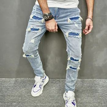 2023 Мода Мужчины Дырки Повседневные узкие джинсовые брюки Уличная одежда Мужские стильные рваные однотонные хип-хоп тонкие джинсовые брюки