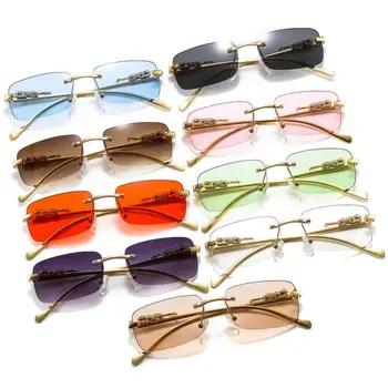 Горячие прямоугольные солнцезащитные очки без оправы Ретро Гепард Женщины Модные солнцезащитные очки Мужские оттенки UV400 Очки Летние Наружные очки