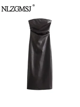 Nlzgmsj TRAF Платье из искусственной кожи Женское облегающее длинное платье для женщин Сексуальные платья миди с открытой спиной 2023 Платье для вечеринки