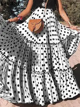 VONDA Летние женские богемные юбки с принтом в горошек 2024 Мода Повседневная юбка с высокой талией и оборками Свободные длинные макси-юбки для вечеринок