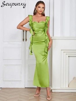 Высококачественное женское зеленое сексуальное макси-платье без рукавов с V-образным вырезом и открытой спиной с оборками 2023 Элегантное клубное платье для вечерней вечеринки Vestidos