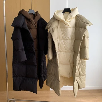 Длинное женское пальто из утиного пуха Зима Оверсайз Роскошная теплая лоскутная куртка с капюшоном 2023 Desinger Женская пушистая верхняя одежда