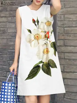 Летнее цветочное платье Женское повседневное пляжное сарафан без рукавов ZANZEA Винтажные платья с принтом Bohemain O-образным вырезом Holiday Work Vestidos