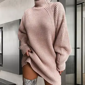 Свободный стиль Платье-свитер Стильное теплое женское платье-свитер свободного кроя с высоким воротником Пуловер с длинными рукавами для женщин осень-зима