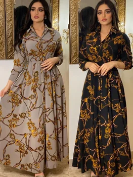 Мусульманское платье Абая Женщины Платья-рубашки с принтом Рамадана Осень Jilbab Турция Ислам Vestidos Элегантная Индия Марокканский кафтан Арабский