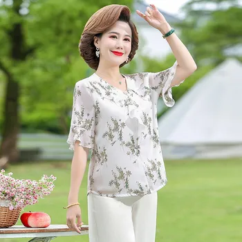 Лето с коротким рукавом Оборки Шикарная шифоновая блузка с принтом Женская свободная элегантная винтажная рубашка Женская верхняя женская одежда