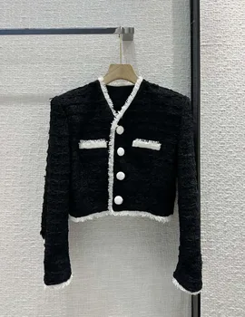 2023 Ранняя весна Новый продукт черно-белый твидовый пальто на пуговицах, подплечник V-образный дизайн современный и красивый