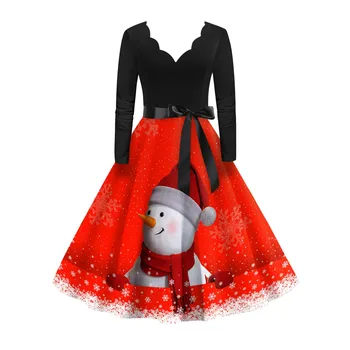Женское винтажное классическое платье с длинным рукавом и рождественским принтом V-образным вырезом Платье Качели Pinup Party Vestodos Para Mujer Casuales