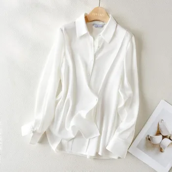 Атласные белые женские рубашки Лето 2023 Новые шелковые однотонные блузки Свободные длинные рукава Женская одежда Топы с вырезом Поло YCMYUNYAN