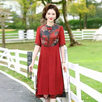Cheongsam Улучшенная летняя юбка для матерей среднего и пожилого возраста Широкая жена А-силуэта Юбка Модное платье высокого класса M350