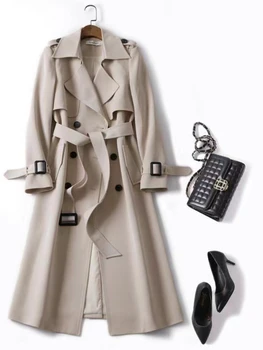 2023 Зимняя женская ветровка с ремнем Мода Уличная одежда Длинная куртка Пальто Женская одежда Тонкая ветрозащитная полоса Дамы