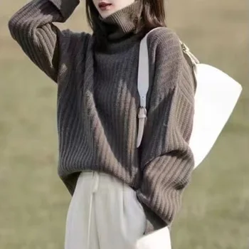 2023 Зимние женские водолазки Свитер-пуловер с корейским стилем Модный свободный повседневный однотонный женский трикотажный топ