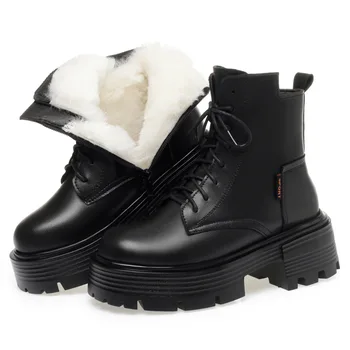 ZXRYXGS Ботинки из натуральной кожи в британском стиле Женские зимние сапоги Обувь с толстой подошвой Сапоги на высоком каблуке Зимние шерстяные сапоги