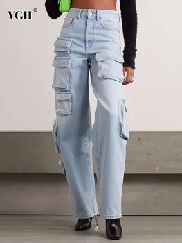 VGH Сращенные джинсовые брюки-карго на молнии для женщин Высокая талия Пэчворк Карманы Сплошная уличная одежда Джинсы Женская модная одежда Новый