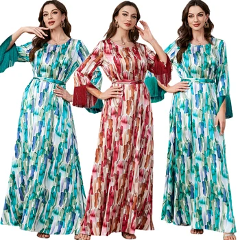 Кисточка для абайи Женщины Мусульманские платья макси с цветочным принтом Турция Арабский кафтан Вечернее платье Вечеринка Ид марокканский Джалабия Vestidos