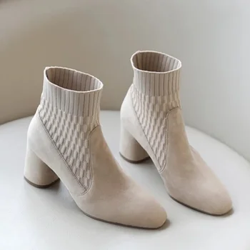 Модные ботильоны с острым носком Теплые женские сапоги челси из искусственной замши для женщин Массивные вязаные носки на высоком каблуке Ботас Mujer