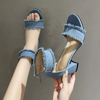 Синие джинсовые летние сандалии Обувь для женщин Лодыжки Ремешки Высокий каблук Джинсы Гладиатор Шлепанцы Мода Обувь для вечеринок Женская