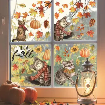 Осенняя наклейка на окно Яркие осенние наклейки на окна Кошка Тыква Кленовые листья Двусторонние украшения на День Благодарения для стекла