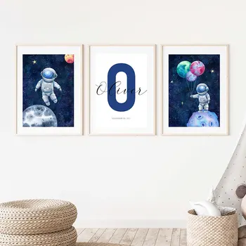 Космический астронавт Детская комната Настенное искусство Персонализированное детское имя Настроить плакат и принты Картины Живопись Холст Детская комната Декор