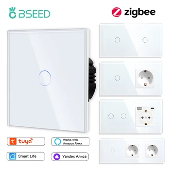 BSEED Zigbee 1/2/3Gang Настенные сенсорные переключатели Tuya Smart Life Alexa Control Plus Настенная розетка ЕС Порты USB Type-C Нет нейтральной версии