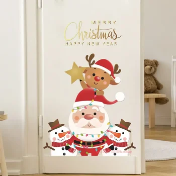 Мультфильм Санта-Клаус Лось Снеговик Дверные плакаты Наклейки на окна Наклейки на стену Счастливого Рождества Декор для дома С Новым 2024 годом
