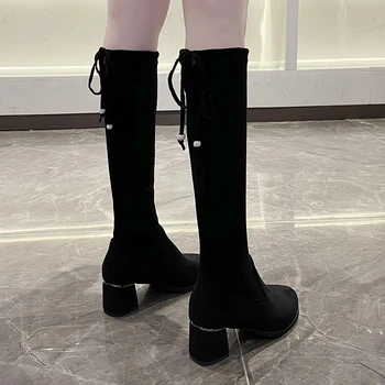2023 Новая мода осень и зима замшевые эластичные носки и сапоги круглый носок толстый каблук высокий каблук на шнуровке женские сапоги выше колена