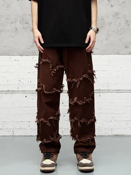 Мужской дизайн Модные кисточки Джинсовые брюки Хип-хоп Свободный крой Прямые джинсы Однотонные повседневные брюки Мужской уличный винтаж