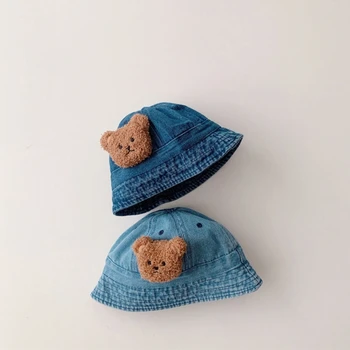B2EB Детская защитная шапка Детская джинсовая шапка-ведро Шляпа Солнцезащитный козырек Шляпа Шляпа с гибкими полями Джинсовая синяя рыбацкая шапка для ребенка 1-3Y
