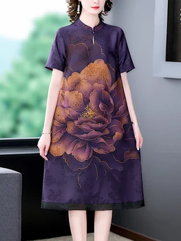 фиолетовый цветочный шелк шик с вышивкой стоячий воротник миди платье женское лето элегантное роскошное вечернее платье 2023 корейские винтажные платья
