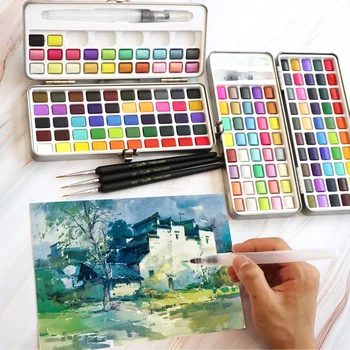 SeamiArt Solid Акварельная краска Набор, 50-128 цветов Портативный металлический ящик для рисования Пигмент для рисования Палитра Искусство