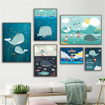 Скандинавский мультфильм кит плакат и печать на холсте картина синий океан настенная картина для детской спальни домашний декор