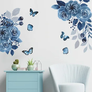 Синие фиолетовые цветы Бабочка Наклейки на стену Съемные наклейки для домашнего декора из ПВХ Настенные обои для гостиной Спальня Искусство