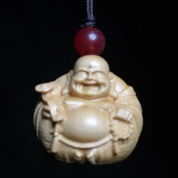 Китайский самшит Ручная резьба Счастливый Жуйи Майтрейя Статуя Будды Амулет Хаверсак ожерелье нэцкэ украшенный подарок