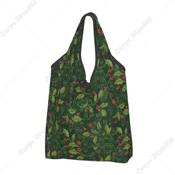 Рождественская лоза и красные фрукты Сумка для покупок Портативная сумка-тоут Перерабатываемая симпатичная сумка-тоут Праздник Без молнии Модная женская сумка