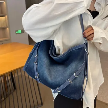 Джинсовая сумка Женская большая емкость 2024 Новая летняя модная сумка-мессенджер через плечо Высокий уровень Коммутационные градиентные цветные сумки-тоут