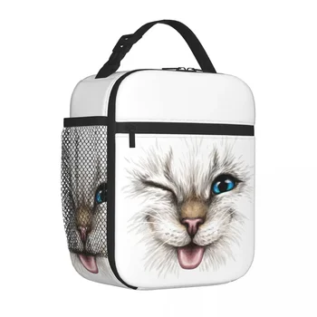  Забавная голубоглазая кошка Термоизолированная сумка для обеда Школа Портативная коробка Bento Термохолодильник Коробка для еды