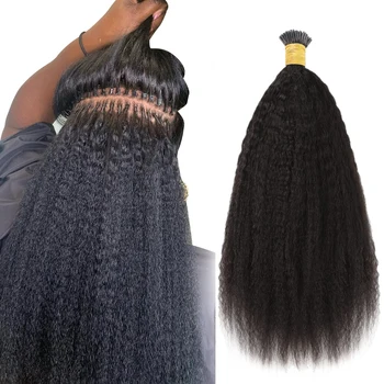 I Tip Наращивание волос Кудрявые прямые человеческие волосы #1B предварительно скрепленные Remy Micro Links Наращивание человеческих волос Натуральный черный 1 г / прядь