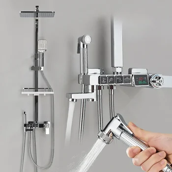 Термостатический смеситель для душа с цифровым дисплеем Хромированный набор для ванной комнаты Дождевая ванна Ванна Биде