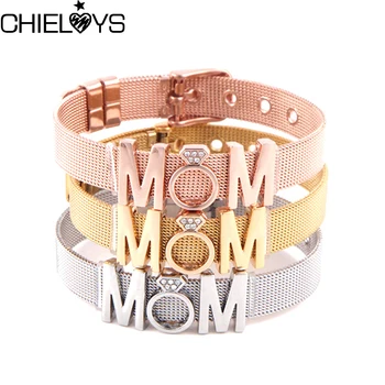 CHIELOYS Женские сетчатые браслеты из нержавеющей стали Кристалл MoM Шарм Браслеты Регулируемый браслет для женщин Подарок на День матери