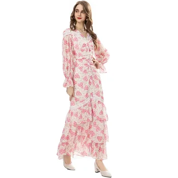 2023 Мода Подиум Весна Женщины Расклешенный Рукав Однобортный Розовый Цветочный Принт Элегантный Праздничный Вечеринка Дрссы