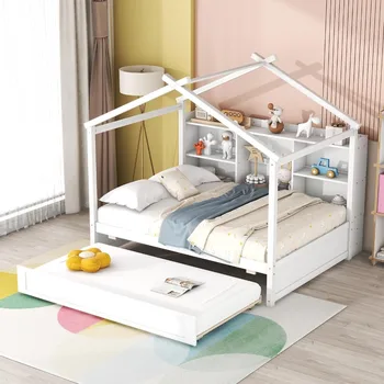 Каркас детской кровати со стеллажом для хранения и слотами для двуспальных кроватей, деревянный каркас детской игровой кровати с крышей, каркас кровати