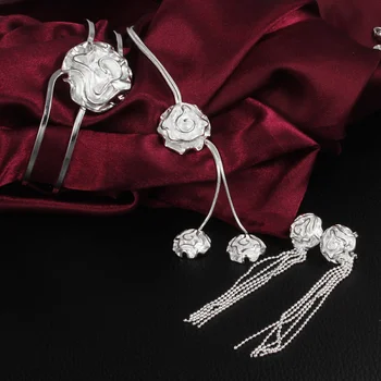 Специальное предложение 925 Стерлинговое серебро Красивые кольца-браслеты с цветком розы Браслеты ожерелье серьги Ювелирный набор для женщин