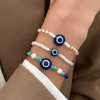 3 шт./комплект турецкий синий браслет от сглаза для женщин имитация жемчуга шарм эластичные веревочные браслеты мужская мода счастливые ювелирные изделия подарок
