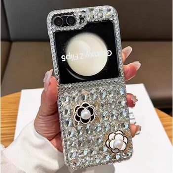Роскошный чехол для телефона в стиле ретро с жемчугом и камелией для Samsung Galaxy Z Flip 5 4 3 Full Bling Горный хрусталь Diamond Clear PC 3D Цветы Чехол