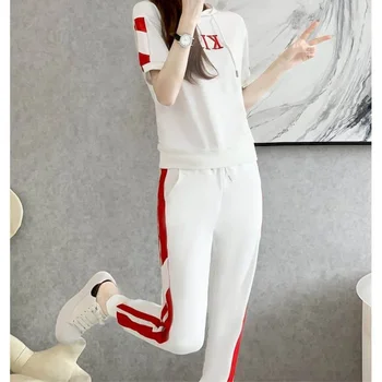 Спортивные женские брюки Футболка с капюшоном и коротким рукавом Корейский модный спортивный костюм Повседневные топы и брюки Комплекты из 2 предметов Женские наряды