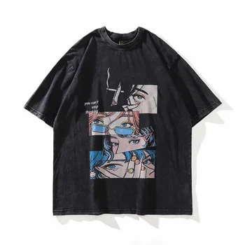 2022 Мужская футболка с хип-хоп уличной одеждой Японский мультфильм Аниме Харадзюку Футболка Графический хлопок Свободная футболка с коротким рукавом Оверсайз