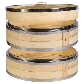  2-уровневая кухонная бамбуковая пароварка с двойной полосой из нержавеющей стали для азиатской кухни: булочки, пельмени, овощи, рыба, рис