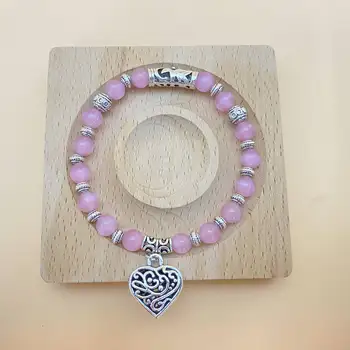 1 шт 8 мм натуральный камень розовый кошачий глаз браслет любовь сердце кулон шарм исцеление кристалл стрейч браслеты для женщин ювелирные изделия