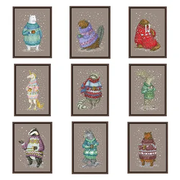 Животные в свитерах - Набор для вышивки крестом бобра симпатичный 18ct 14ct 11ct кофейный холст хлопковая вышивка DIY ручной работы настенный декор