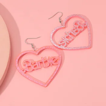 Disney Fashion Барби Акриловые Розовые Полые Любовь Сердце Блестящие Серьги Мультяшный стиль Сладкие Милые Ювелирные Изделия Аксессуары Игрушки Подарки
